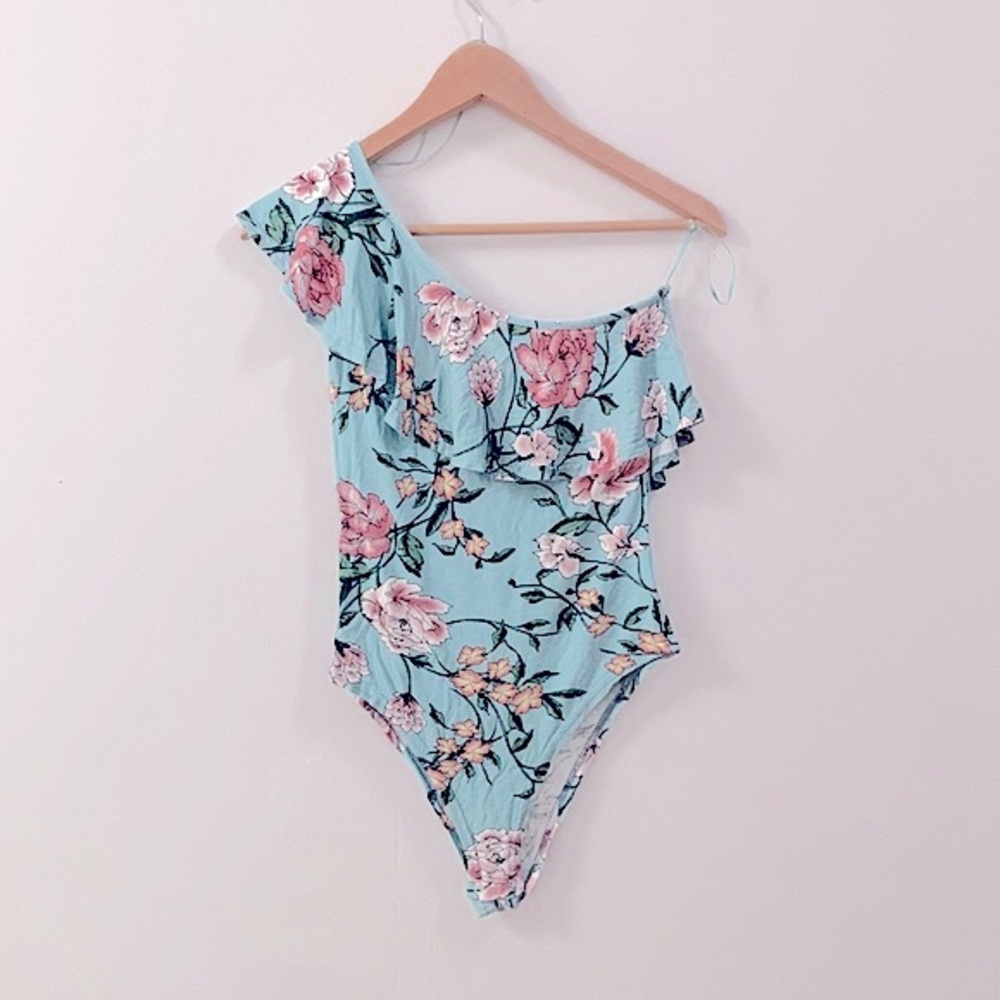 Bodysuit Off One Shoulder Ruffle Floral Top